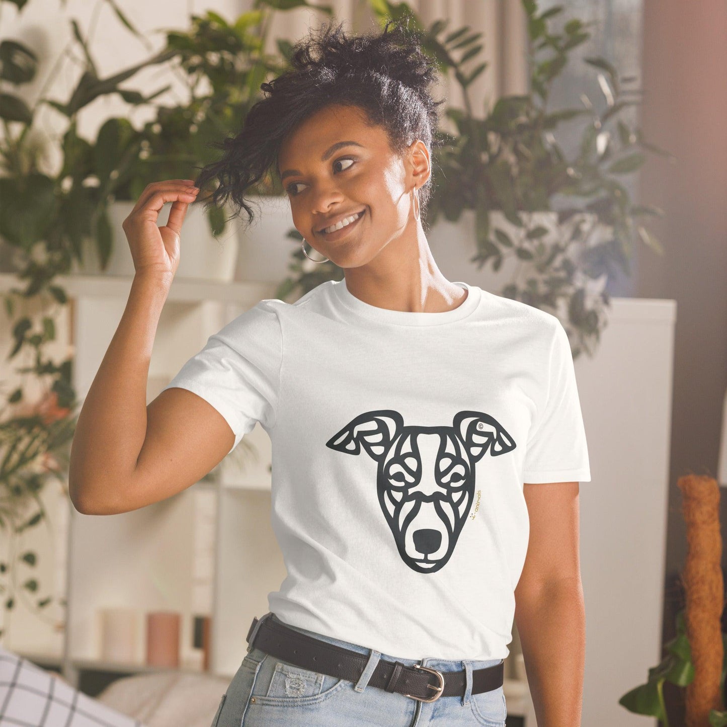 Camiseta unissex de manga curta - Whippet - Tribal - Cores Claras i-animals